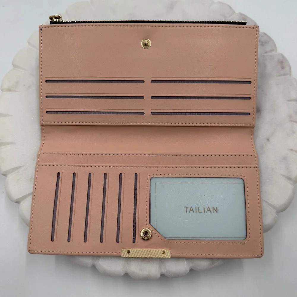 Tailian Black Blush Pink Slim Bifold Wallet Gold Classic & Modern Logo